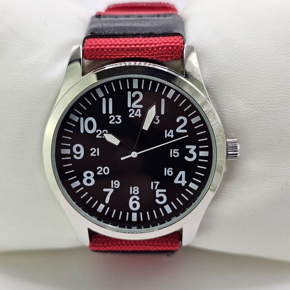 Field Men's Watch 42MM‎ Black Dial Red Black Canvas Bands New Battery